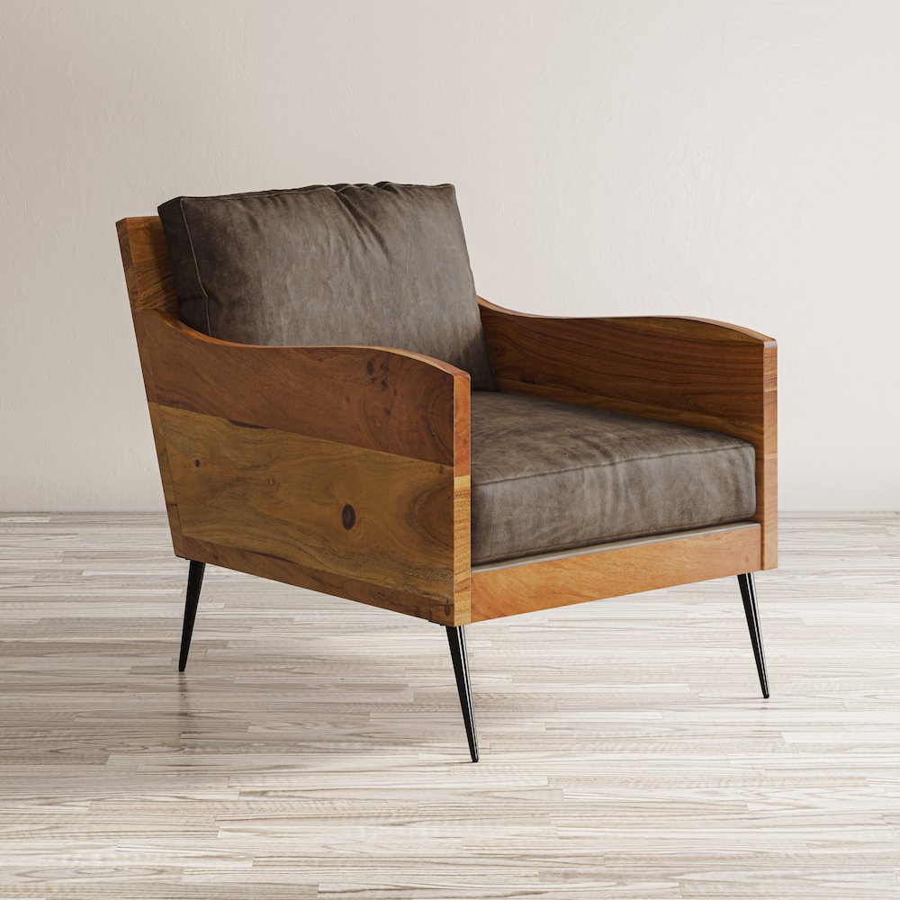 Karma Genuine Leather Solid Wood Rustic Accent Chair. Picture 11