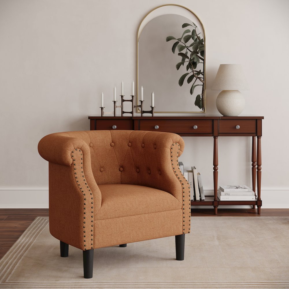Transitional Contemporary Upholstered Barrel Curved Back Accent Chair. Picture 5
