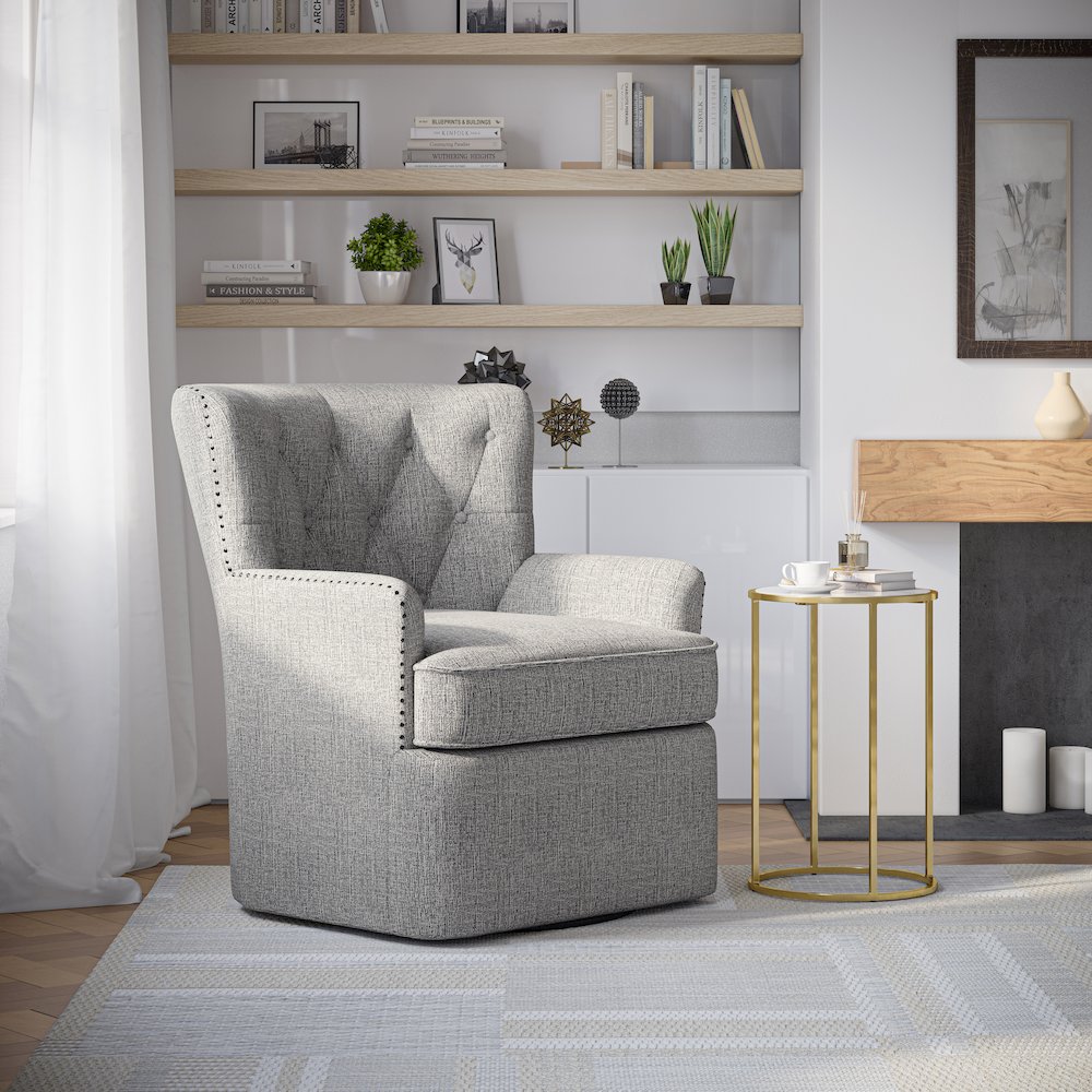 Bryson Transitional Upholstered Swivel Chair with Nailhead Trim. Picture 2