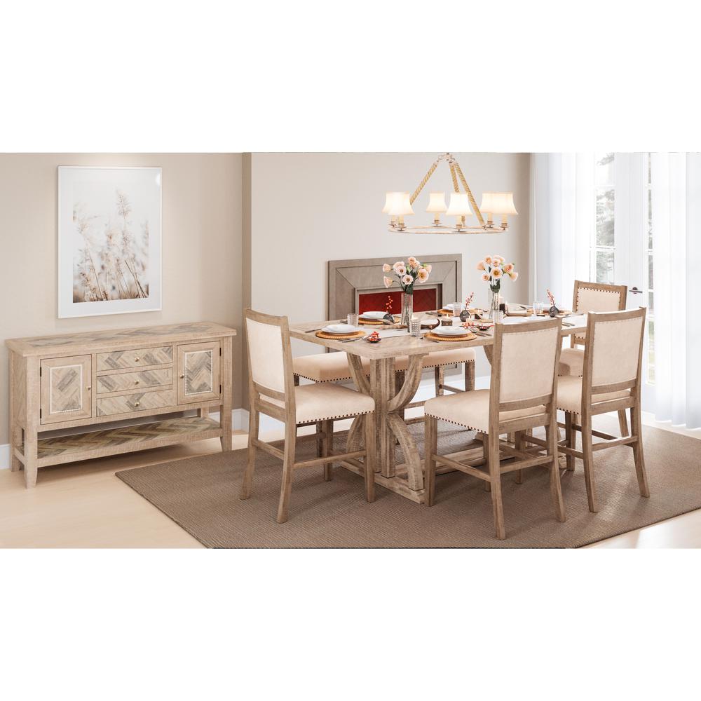 Mid-Century Distressed 78" Six-Piece Upholstered Dining Set with Bench. Picture 1