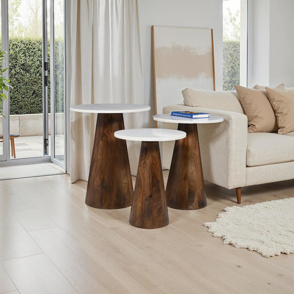 Nolan Marble Top Three Pack Solid Wood Accent Table Set. Picture 6