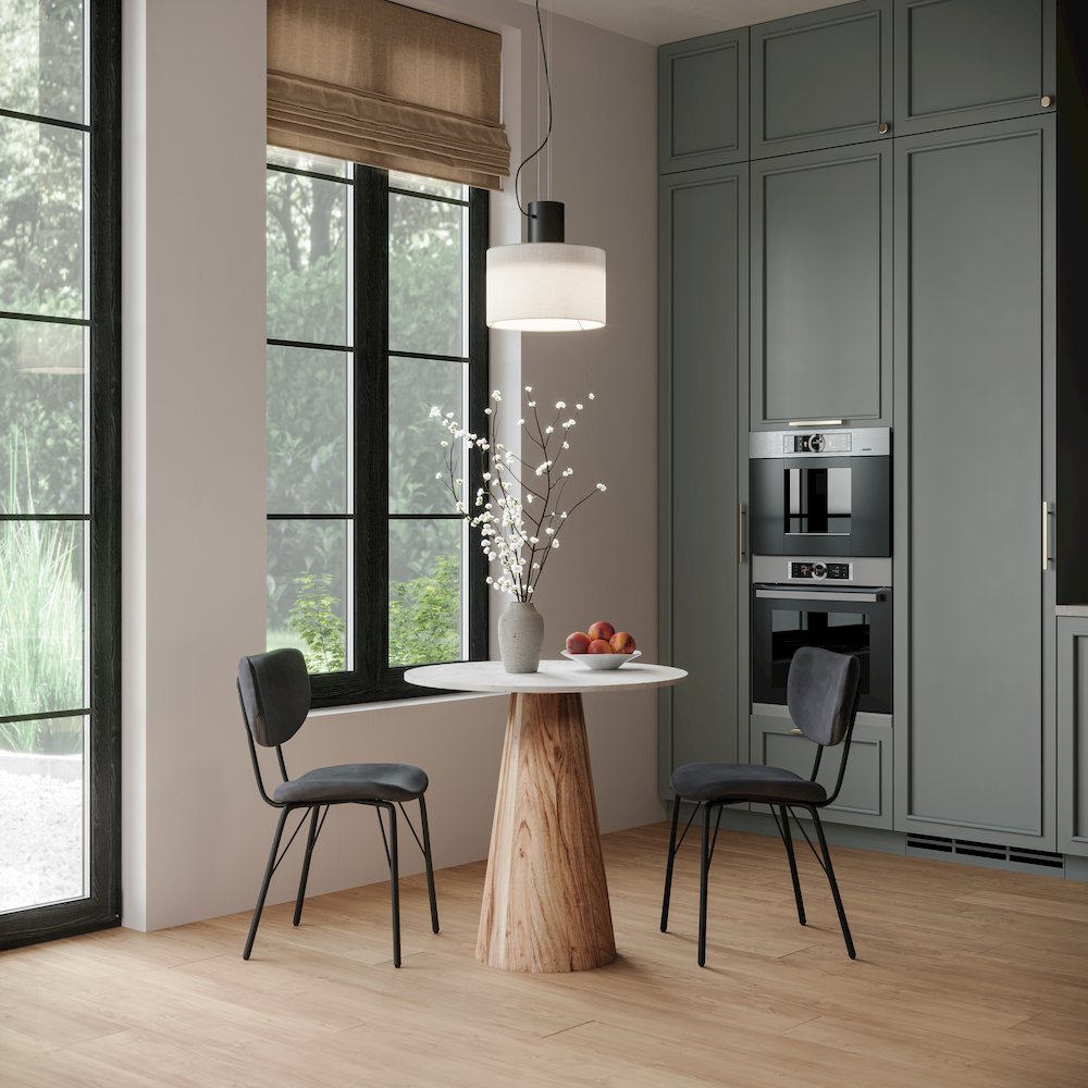 Nolan Luxury Mid-Century Modern 30" Round Marble and Wood Pedestal Dining Table. Picture 7