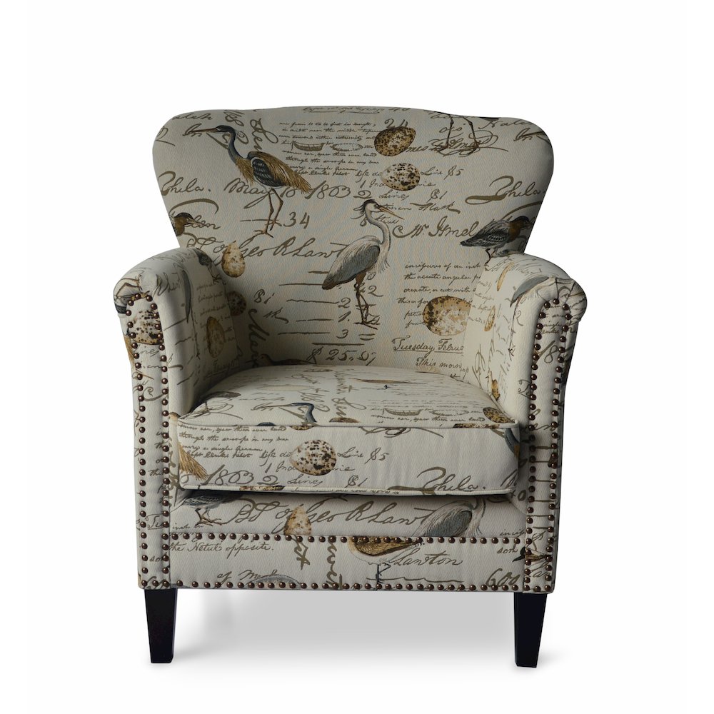 Phoebe Avian Bird Pattern Upholstered Accent Chair with Nailhead Trim. Picture 1