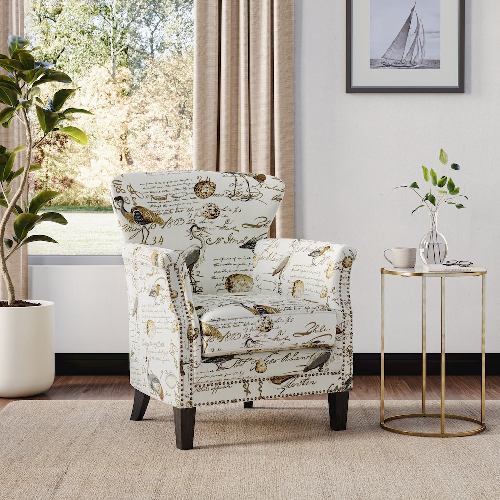 Phoebe Avian Bird Pattern Upholstered Accent Chair with Nailhead Trim. Picture 2