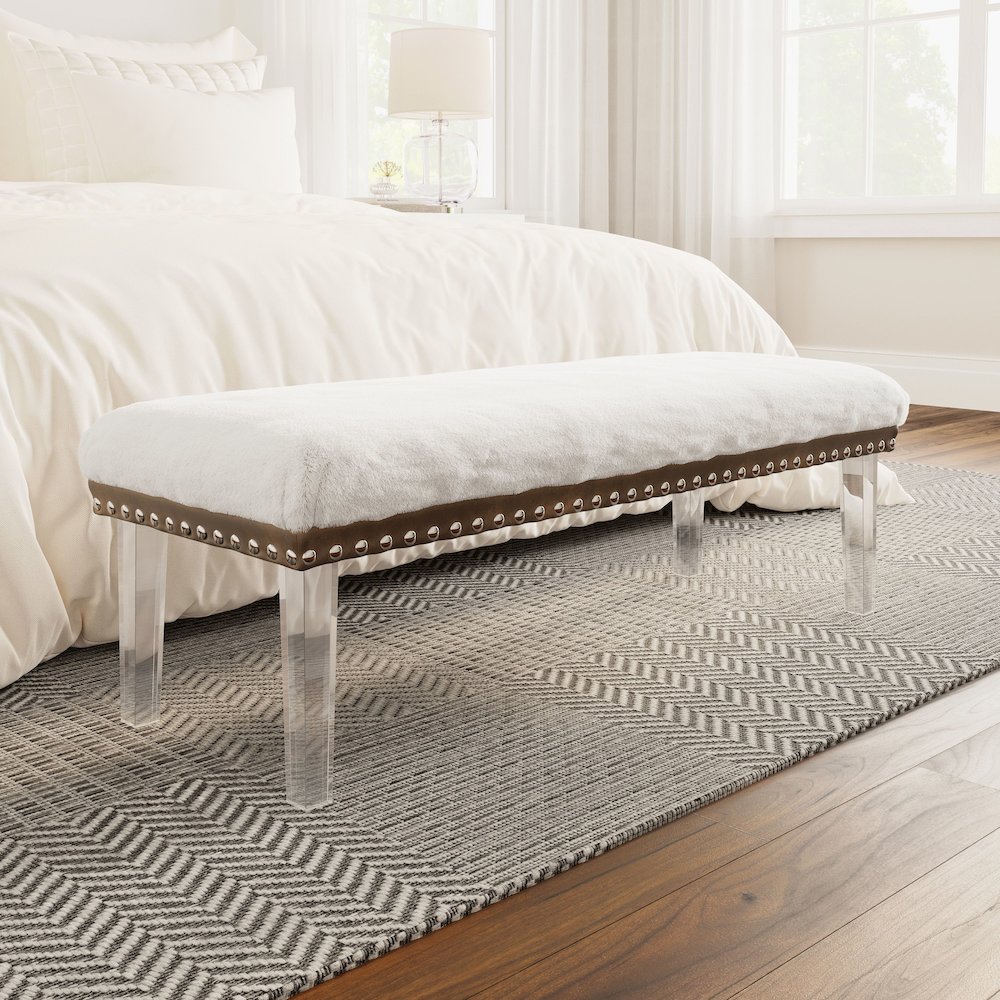 Brianna Modern Luxury Faux Fur Upholstered Bench with Clear Acrylic Legs. Picture 5
