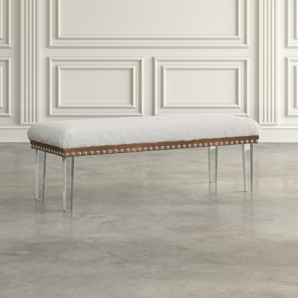 Brianna Modern Luxury Faux Fur Upholstered Bench with Clear Acrylic Legs. Picture 7