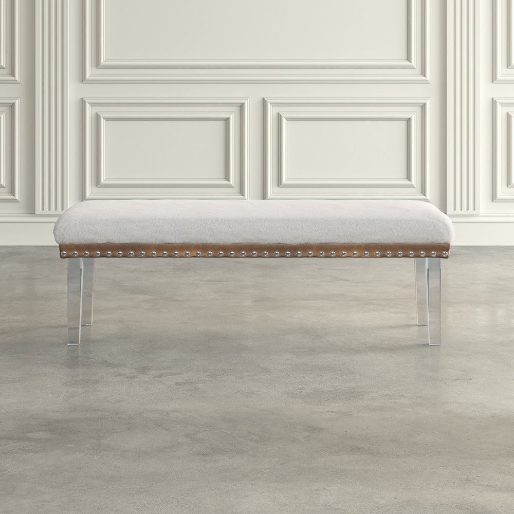 Brianna Modern Luxury Faux Fur Upholstered Bench with Clear Acrylic Legs. Picture 6
