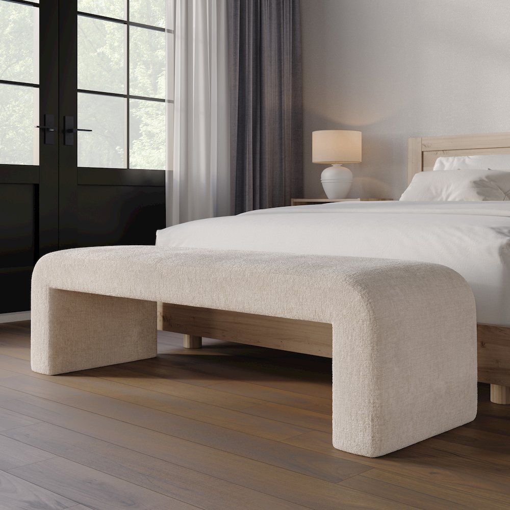 Sophia Modern Luxury Curved Upholstered Waterfall Jacquard Bench - Large. Picture 2