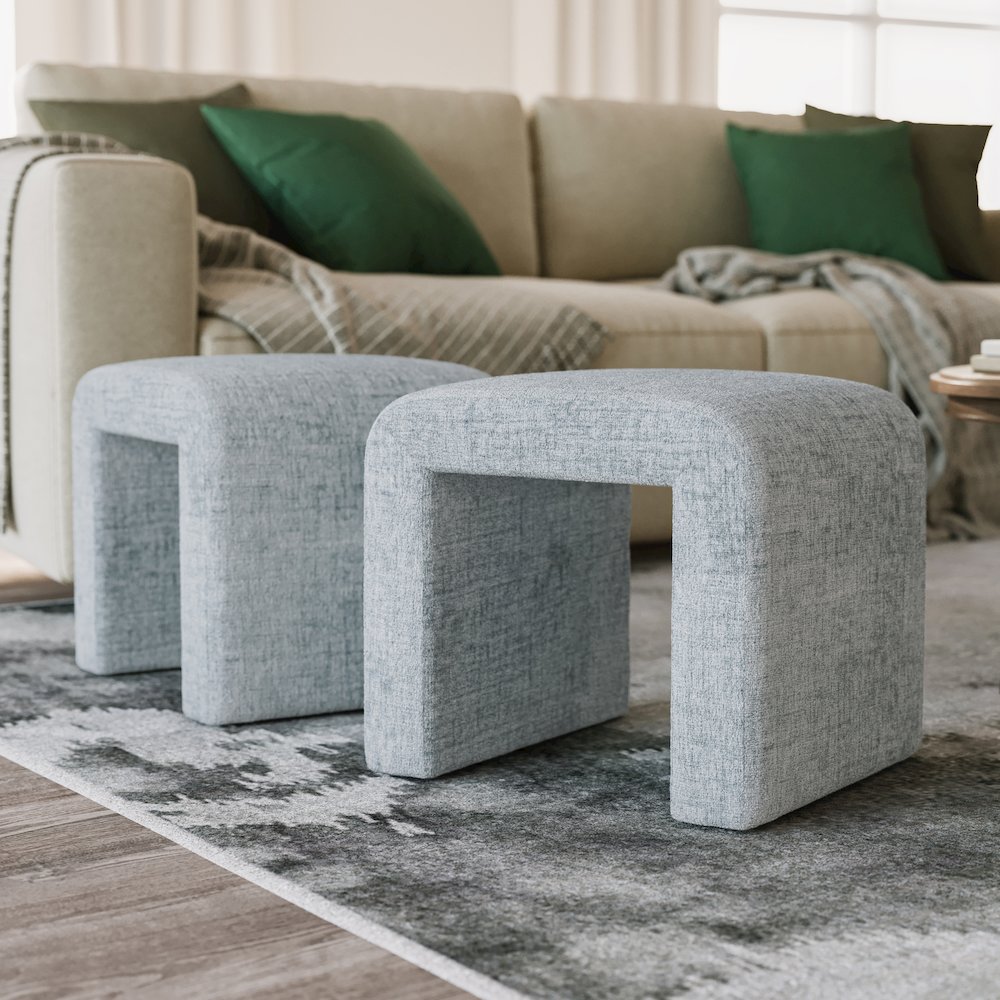 Modern Curved Upholstered Waterfall Jacquard Petite Ottoman Bench - Set of 2. Picture 8