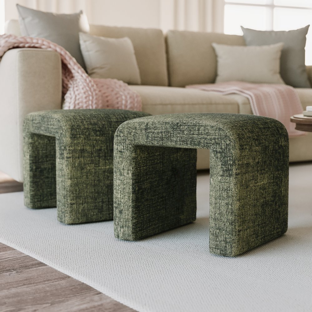 Modern Curved Upholstered Waterfall Jacquard Petite Ottoman Bench - Set of 2. Picture 6