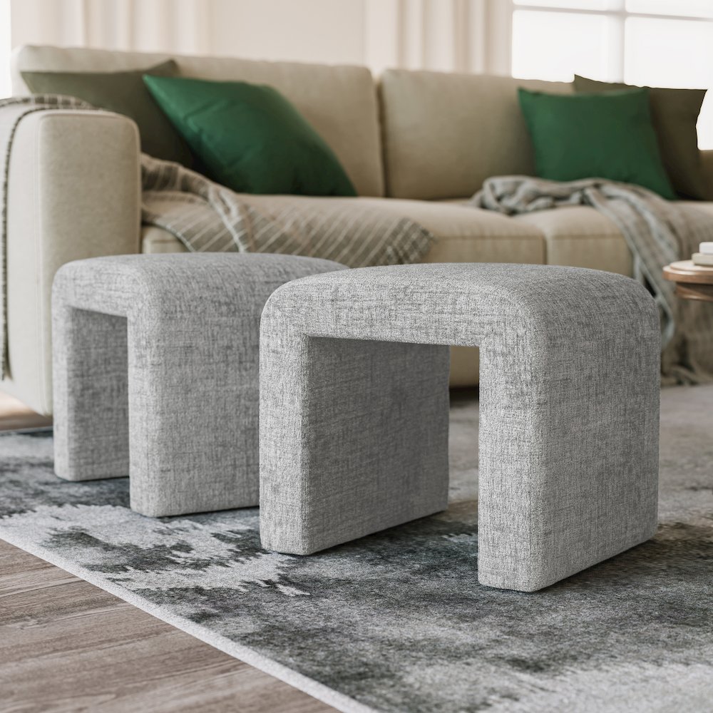 Modern Curved Upholstered Waterfall Jacquard Petite Ottoman Bench - Set of 2. Picture 9