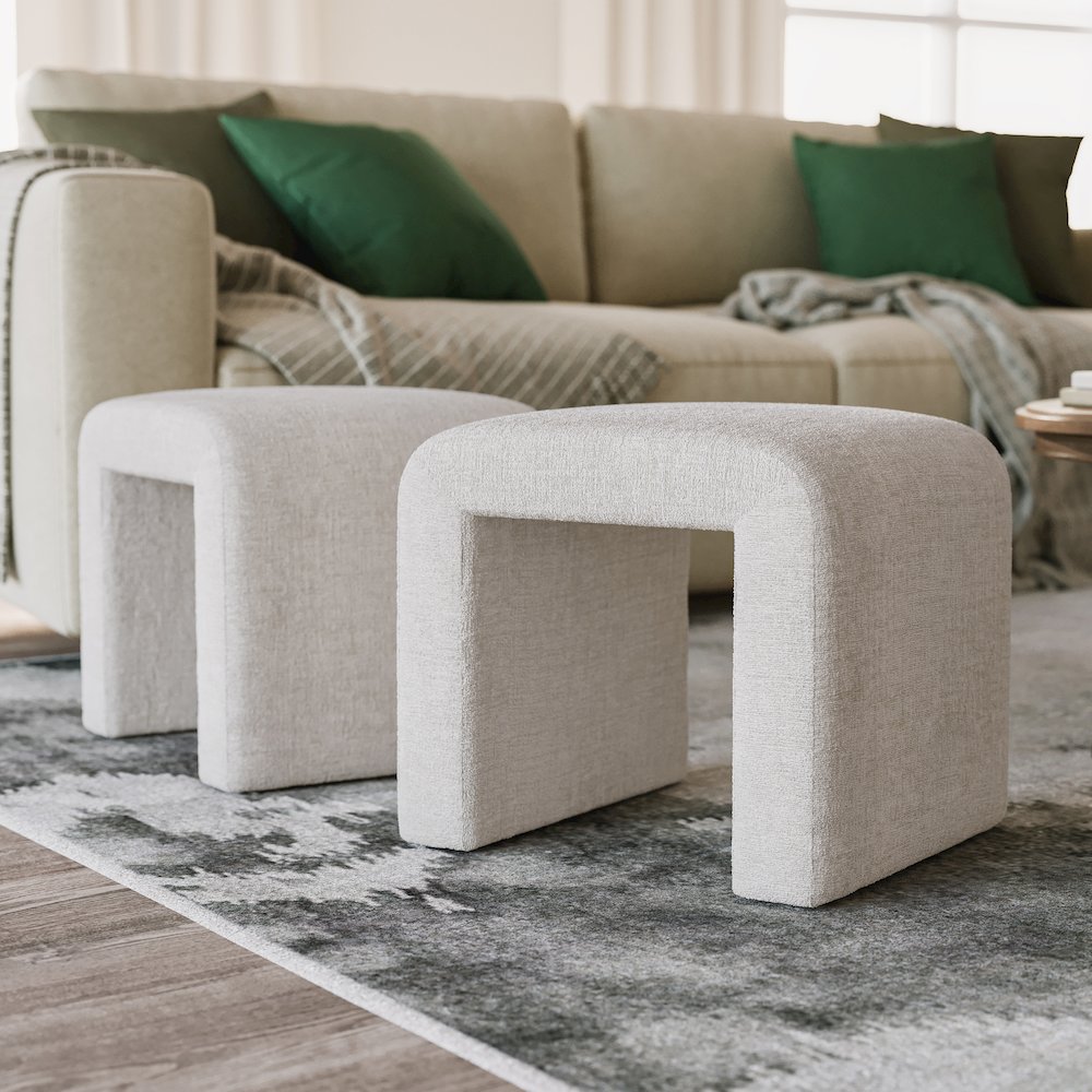 Modern Curved Upholstered Waterfall Jacquard Petite Ottoman Bench - Set of 2. Picture 2