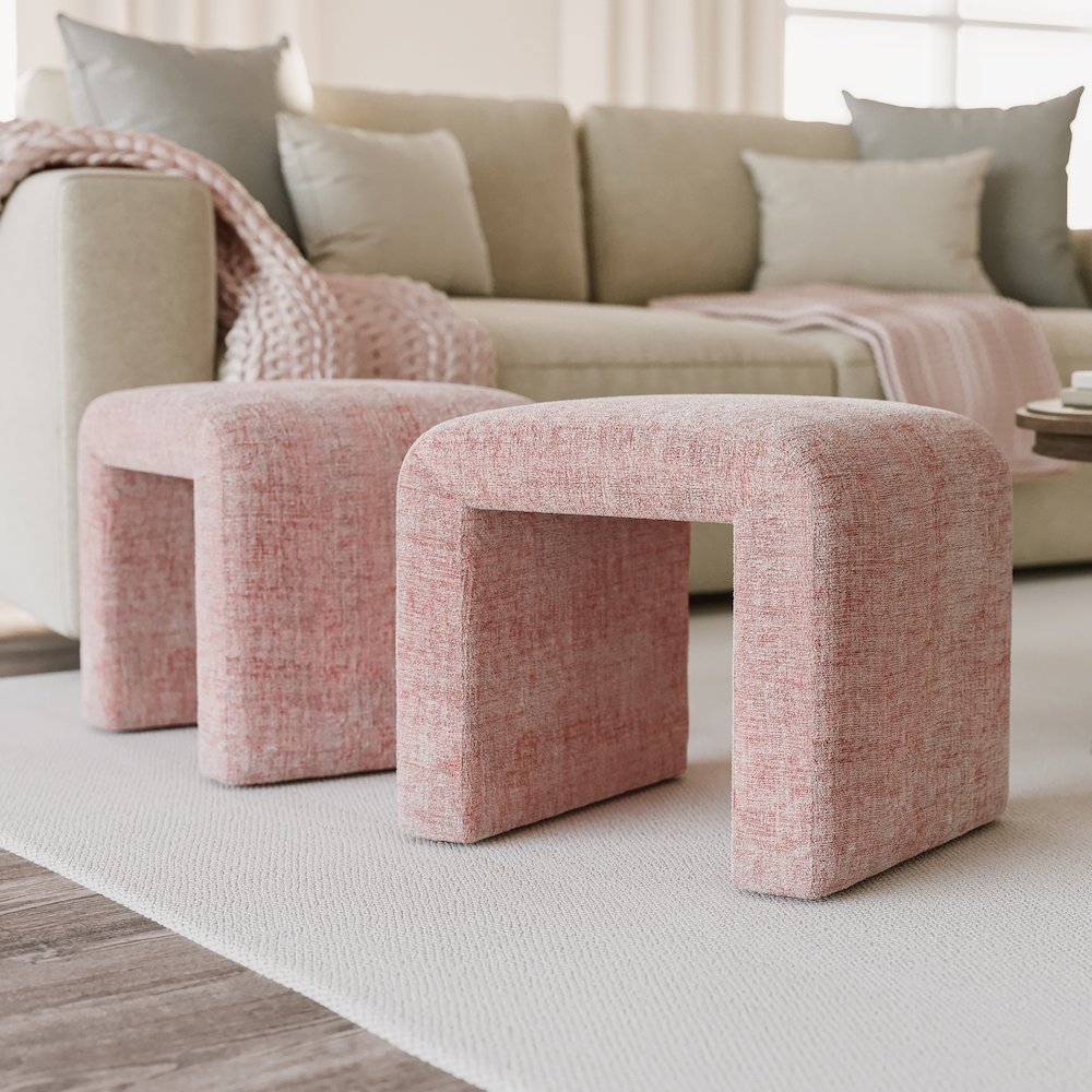 Modern Curved Upholstered Waterfall Jacquard Petite Ottoman Bench - Set of 2. Picture 8