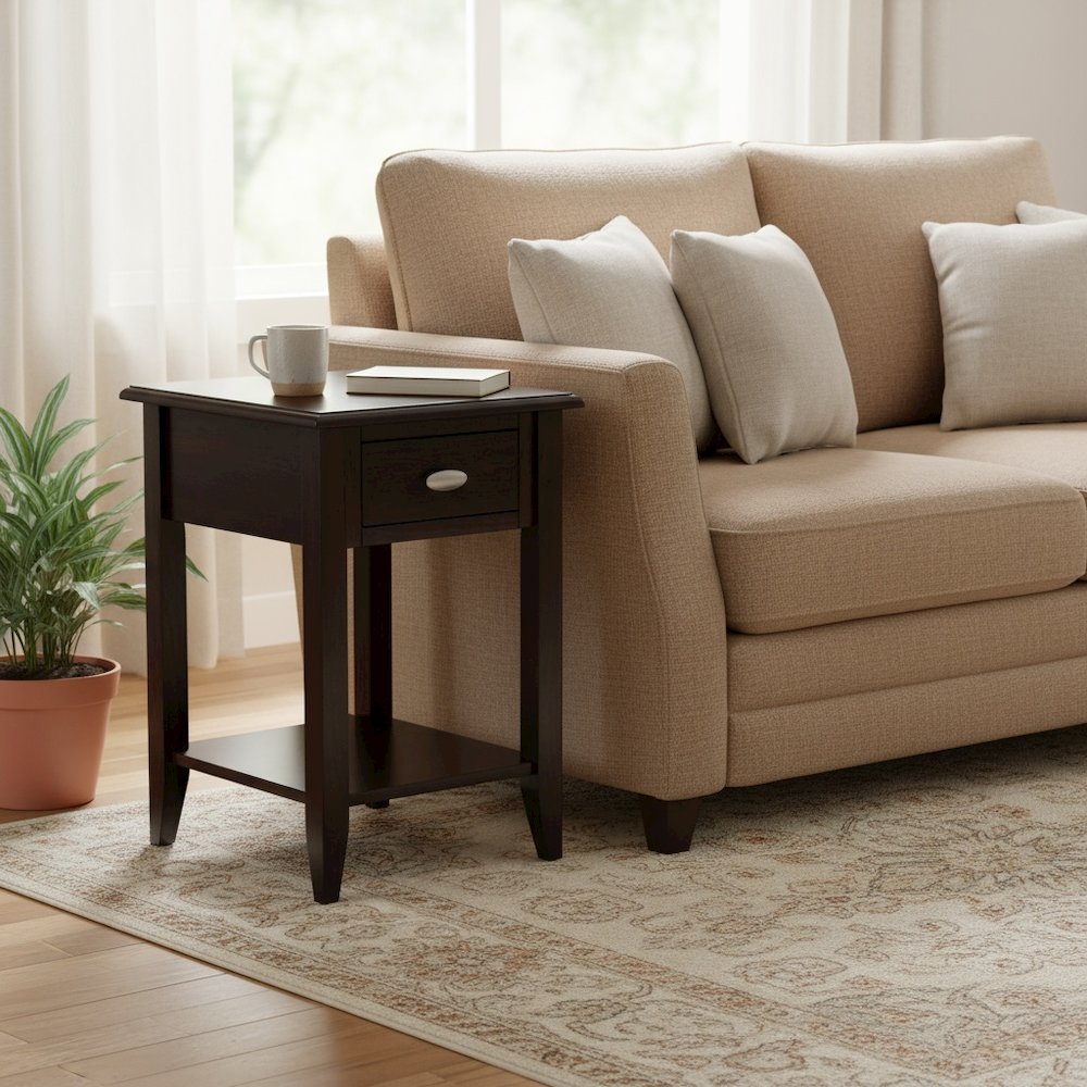 Brown Wooden Side Table with Drawer and Shelf, Bedside and End Table Bedroom. Picture 3