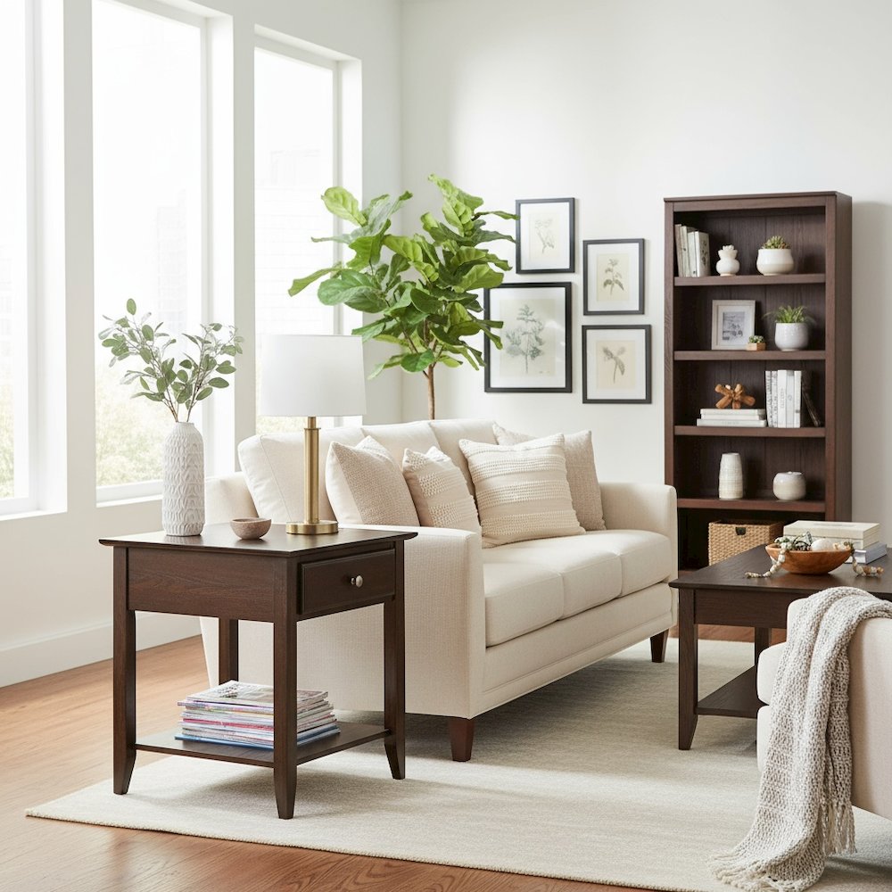 Espresso Brown Wooden End Table with Drawer, Elegant Side Table for Bedroom, 22". Picture 7
