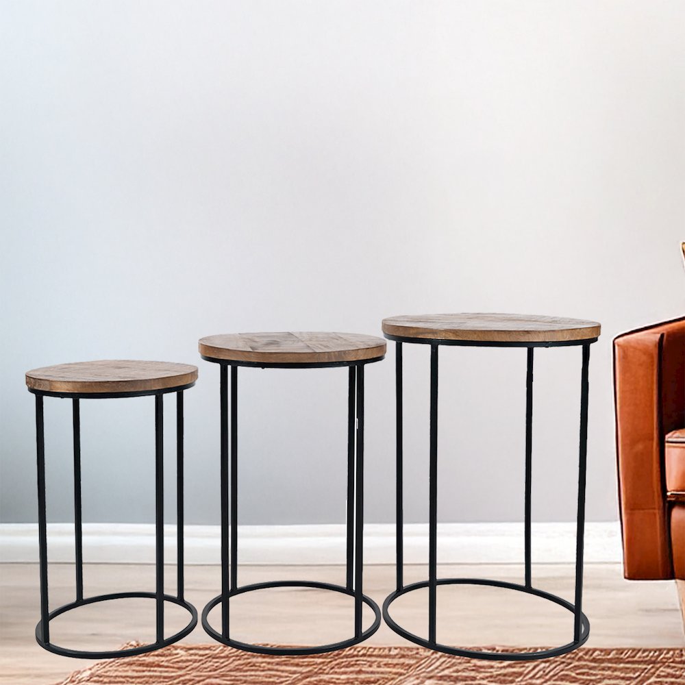 Warner Round Modern Rustic Solid Wood and Metal Nesting End Tables - Set of 3. Picture 6