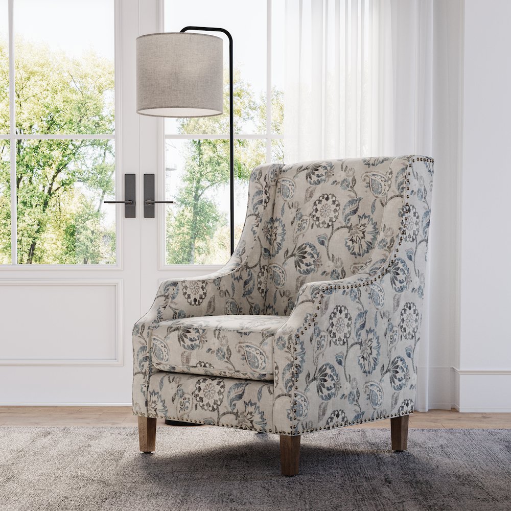 Paisley Fabric Transitional Upholstered Accent Chair with Nailhead Trim. Picture 2