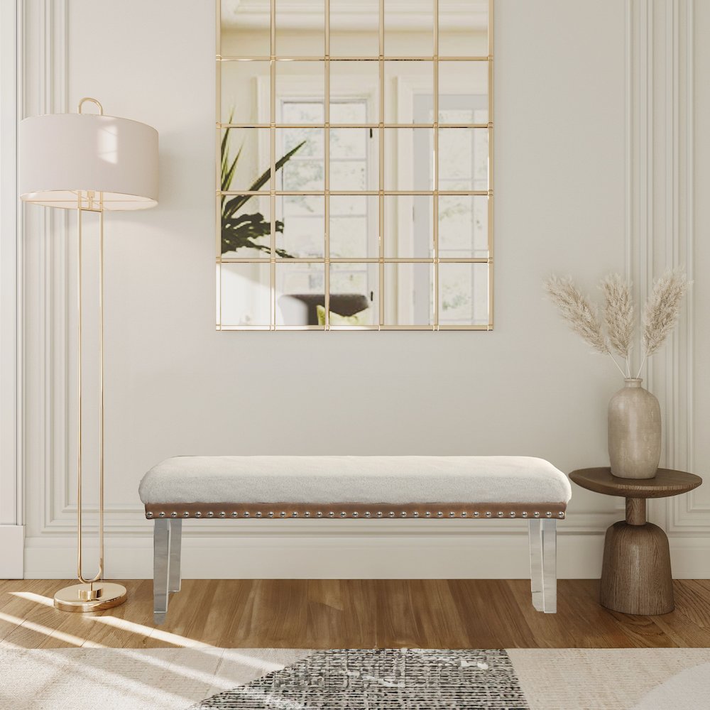 Brianna Modern Luxury Faux Fur Upholstered Bench with Clear Acrylic Legs. Picture 8
