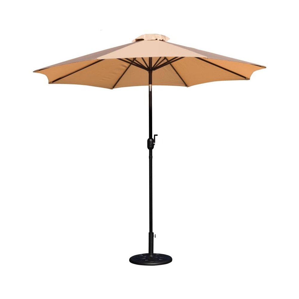 Tan 9 FT Round Umbrella with Crank and Tilt Function and Standing Umbrella Base. Picture 1