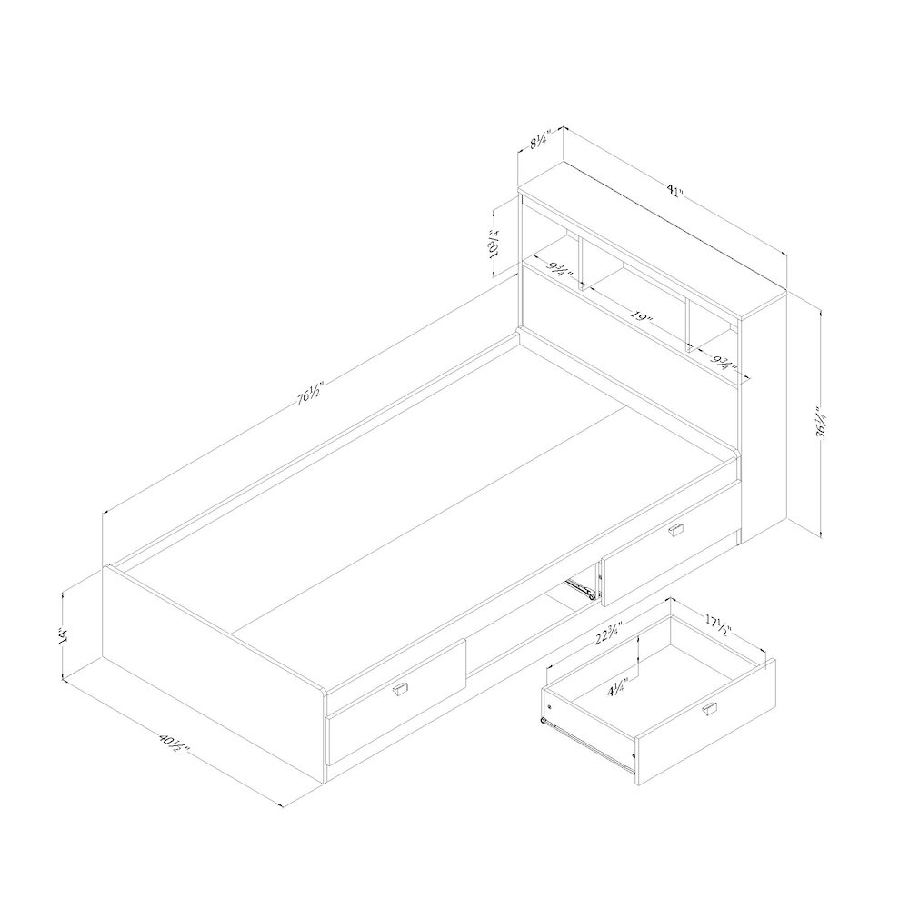 South Shore Spark Twin Mates Bed with Drawers and Bookcase Headboard (39'') Set, Pure Black. Picture 3