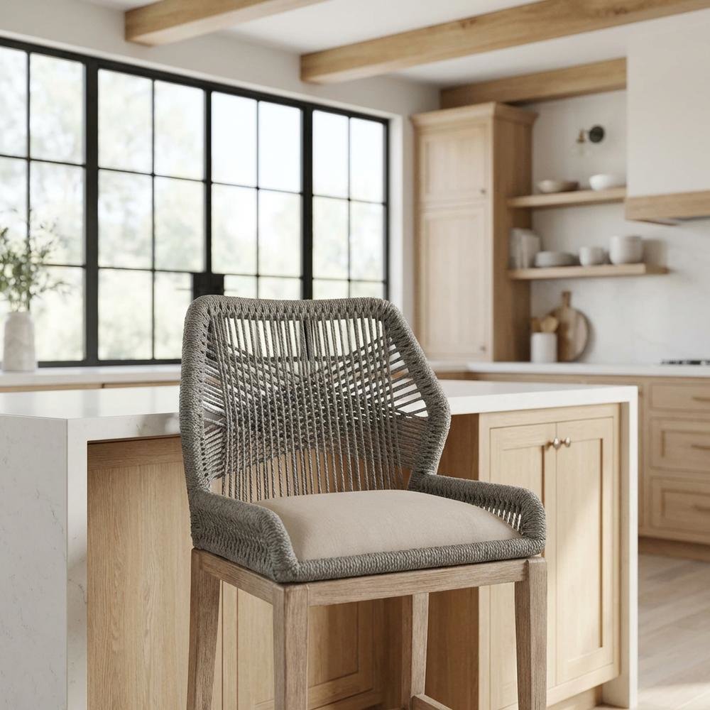 Gray Mahogany Counter Stool with Linen-Blend Upholstery and Footrest. Picture 7