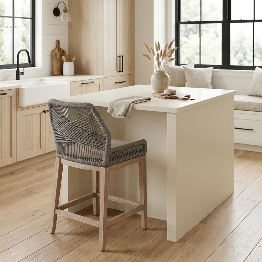 Gray Mahogany Counter Stool with Linen-Blend Upholstery and Footrest. Picture 4
