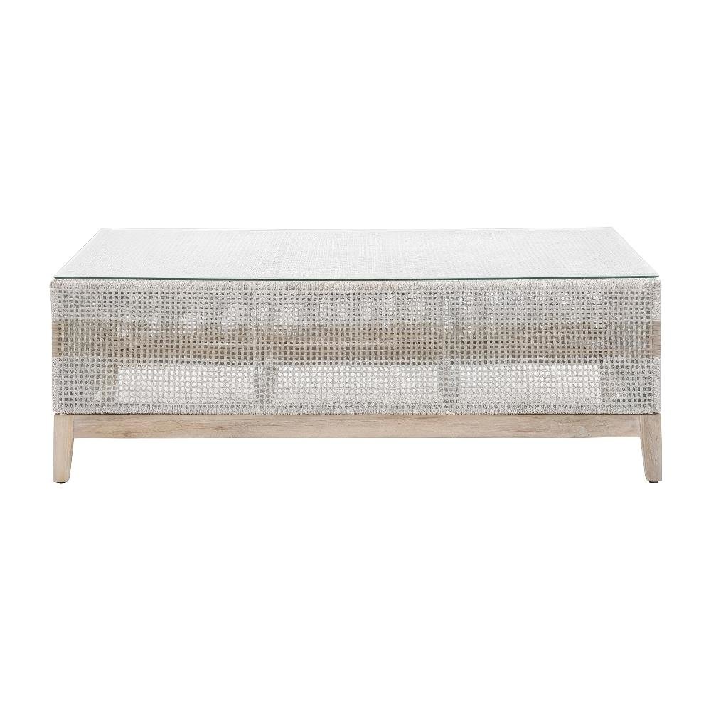 White Transitional Outdoor Coffee Table, Teak Wood Frame, Tempered Glass Surface. Picture 1