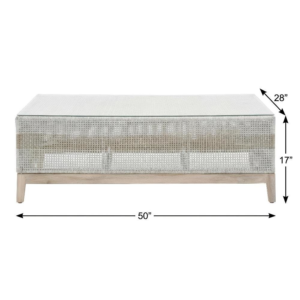 White Transitional Outdoor Coffee Table, Teak Wood Frame, Tempered Glass Surface. Picture 4