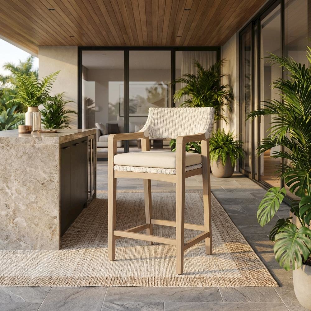 Woven White Synthetic Wicker Outdoor Counter Stool With Reversible Cushion. Picture 2