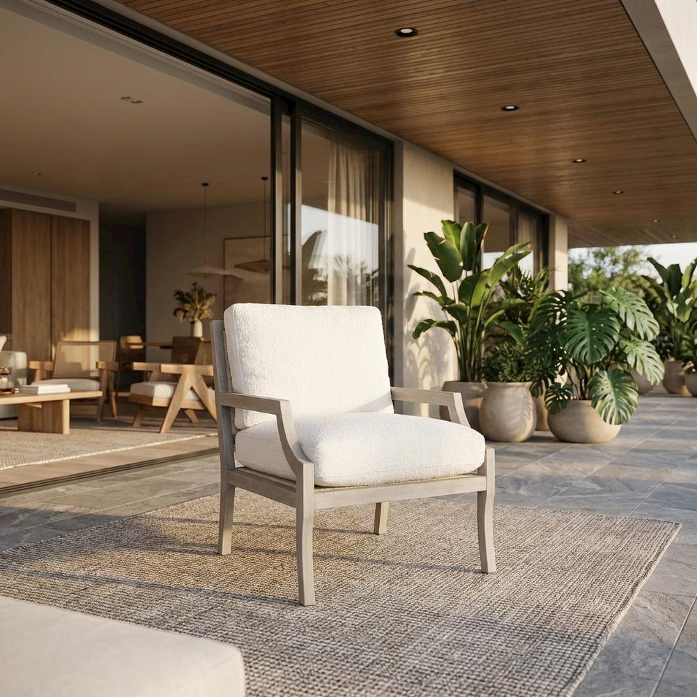 Transitional Outdoor Club Chair with Removable Boucle Snow Cushion, Solid Frame. Picture 2
