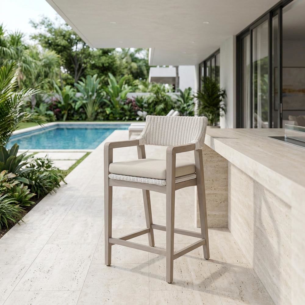 Woven White Synthetic Wicker Outdoor Counter Stool With Reversible Cushion. Picture 3