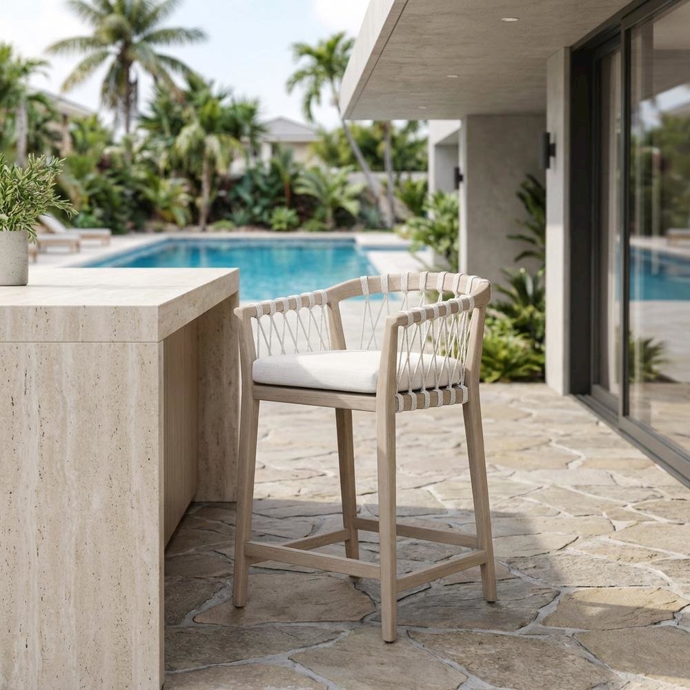 Transitional Pacific Outdoor Counter Stool, Reversible Seat Cushion, Wash Finish. Picture 3