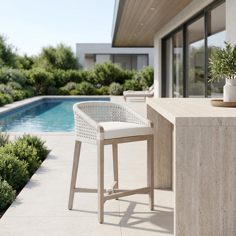 Outdoor Counter Stool with Reversible Cushion and Teak Frame. Picture 3