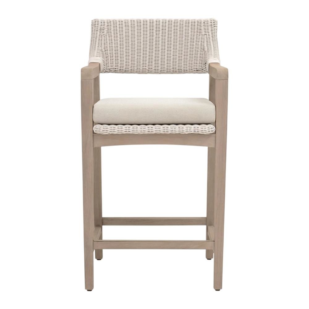 Woven White Synthetic Wicker Outdoor Counter Stool With Reversible Cushion. Picture 4