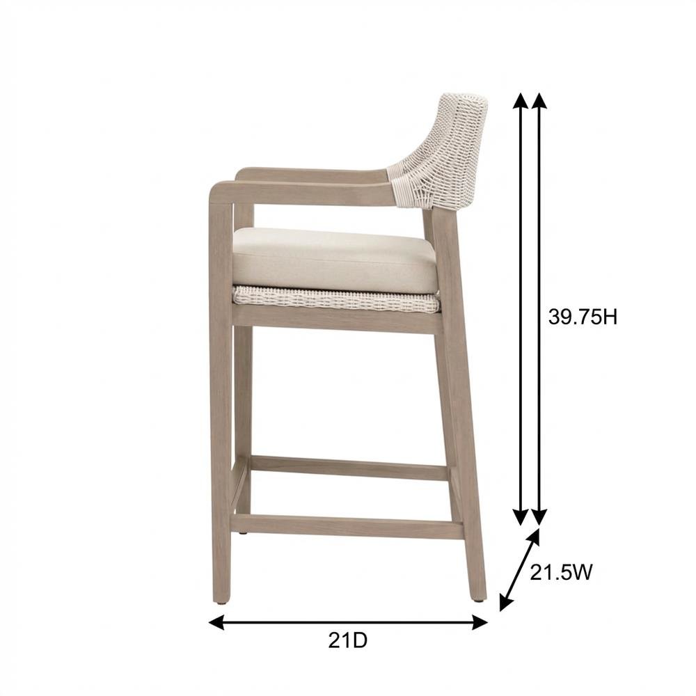 Woven White Synthetic Wicker Outdoor Counter Stool With Reversible Cushion. Picture 7