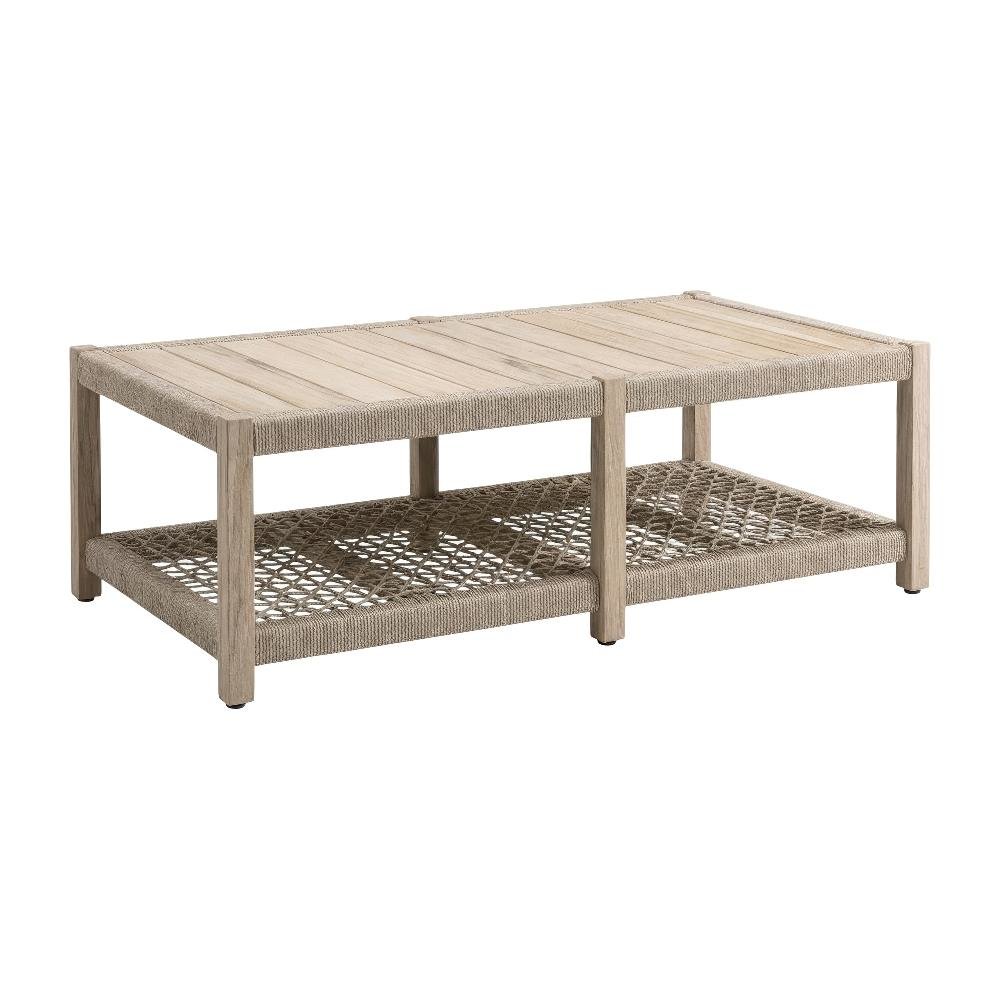 Beige Outdoor Coffee Table with Solid Teak Wood Frame, Polyolefin Rope Top Shelf. Picture 1
