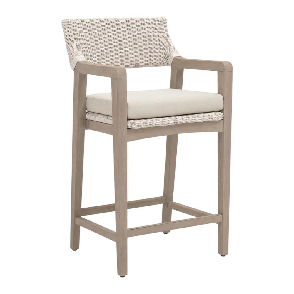 Woven White Synthetic Wicker Outdoor Counter Stool With Reversible Cushion. Picture 1