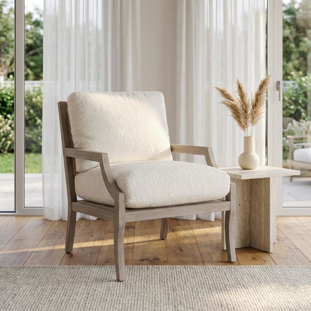 Transitional Outdoor Club Chair with Removable Boucle Snow Cushion, Solid Frame. Picture 3