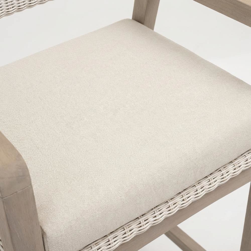 Woven White Synthetic Wicker Outdoor Counter Stool With Reversible Cushion. Picture 5