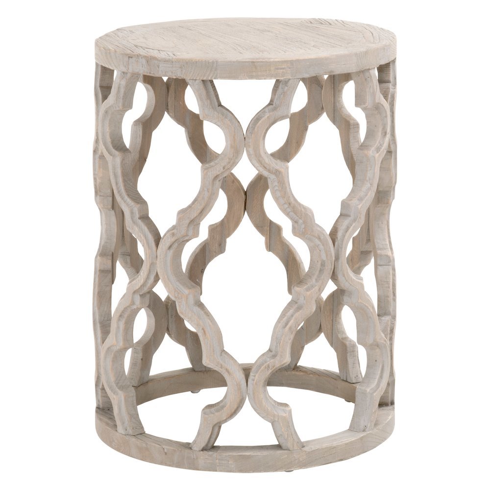 Gray End Table, Reclaimed Elm Wood, Plank Veneer, Carved Design. Picture 1