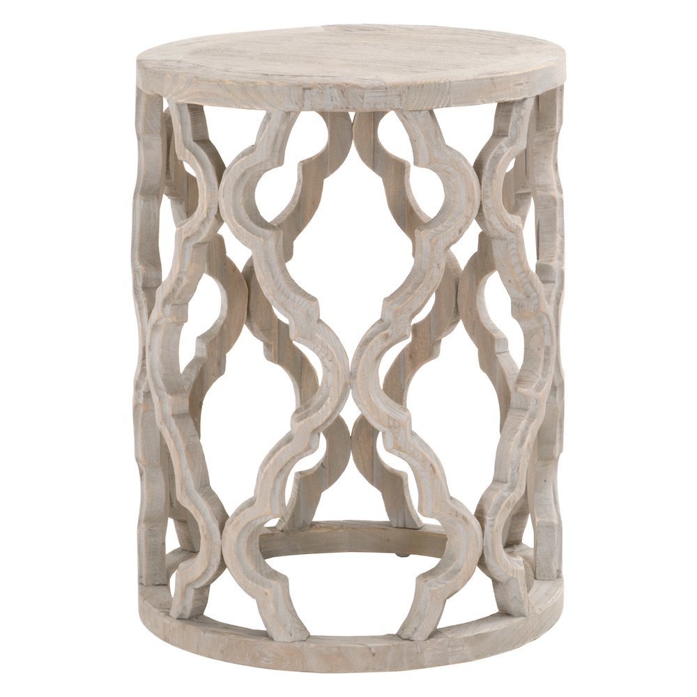Gray End Table, Reclaimed Elm Wood, Plank Veneer, Carved Design. Picture 4