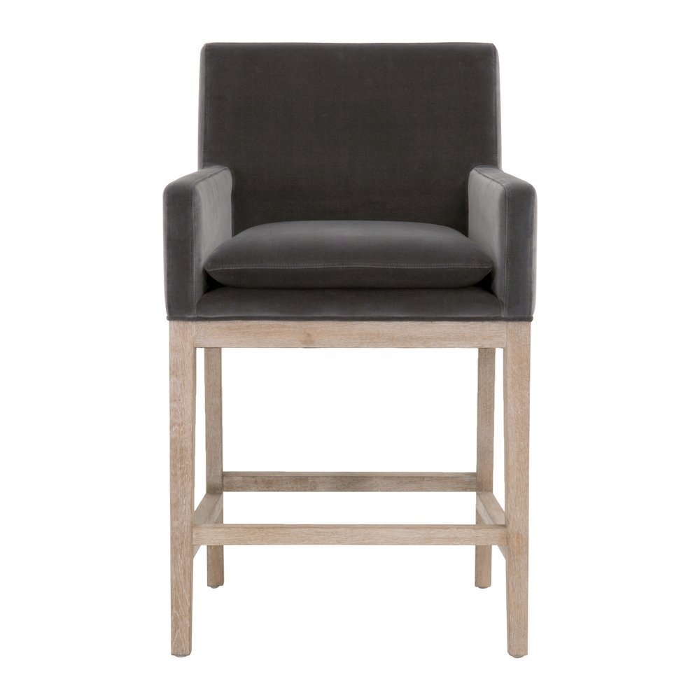 Gray Counter Stool, Solid Oak Wood Base, Velvet Cushion. Picture 4