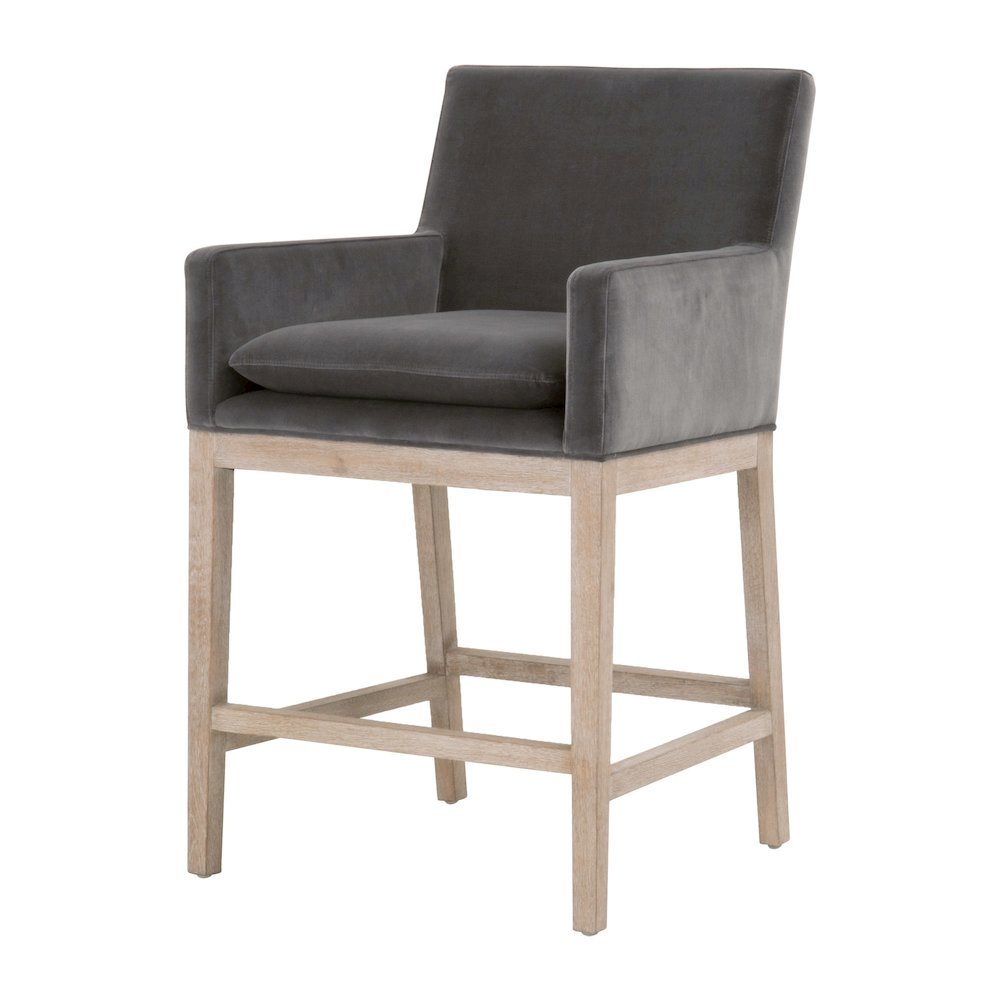 Gray Counter Stool, Solid Oak Wood Base, Velvet Cushion. Picture 1