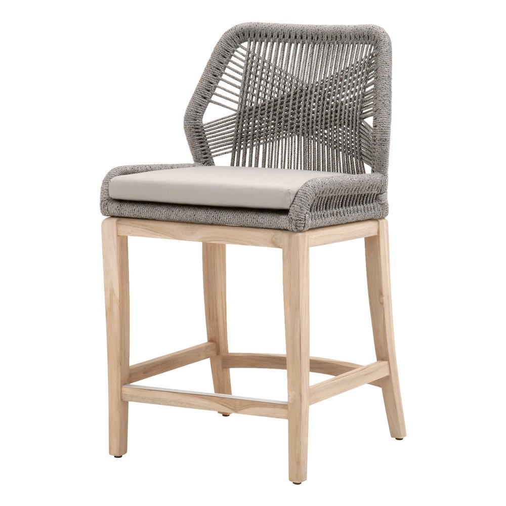 Gray Outdoor Counter Stool, Teak Legs, Aluminum Frame, Rope Weave. Picture 1