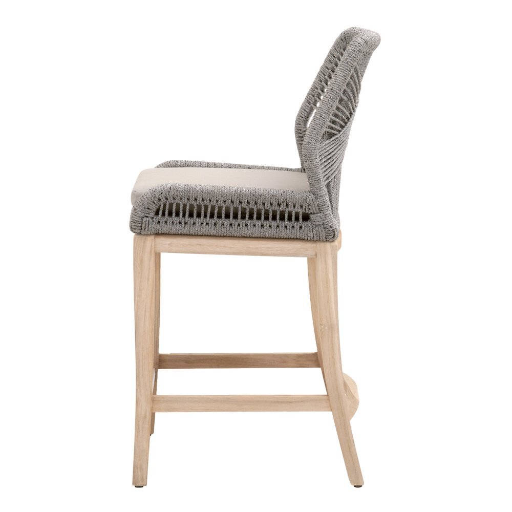 Gray Outdoor Counter Stool, Teak Legs, Aluminum Frame, Rope Weave. Picture 5