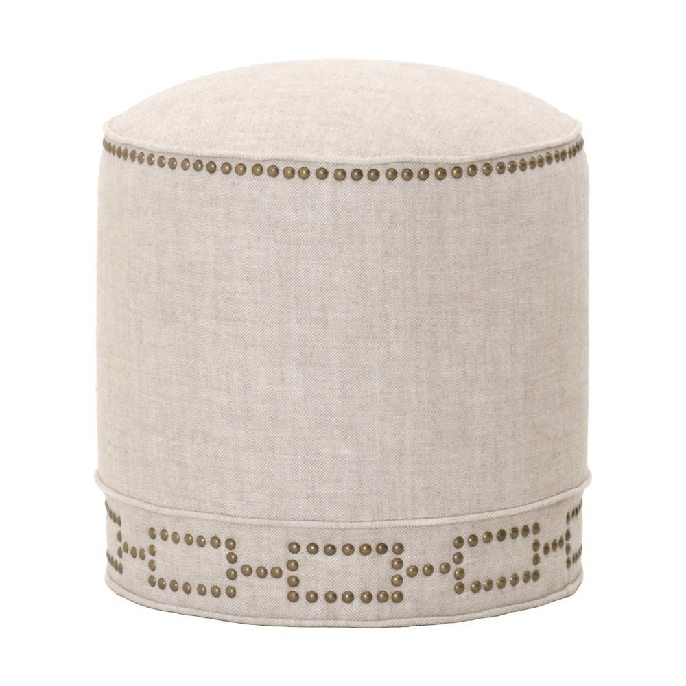 Round Ottoman Beige, Linen Blend, Nailhead Trim. Picture 1