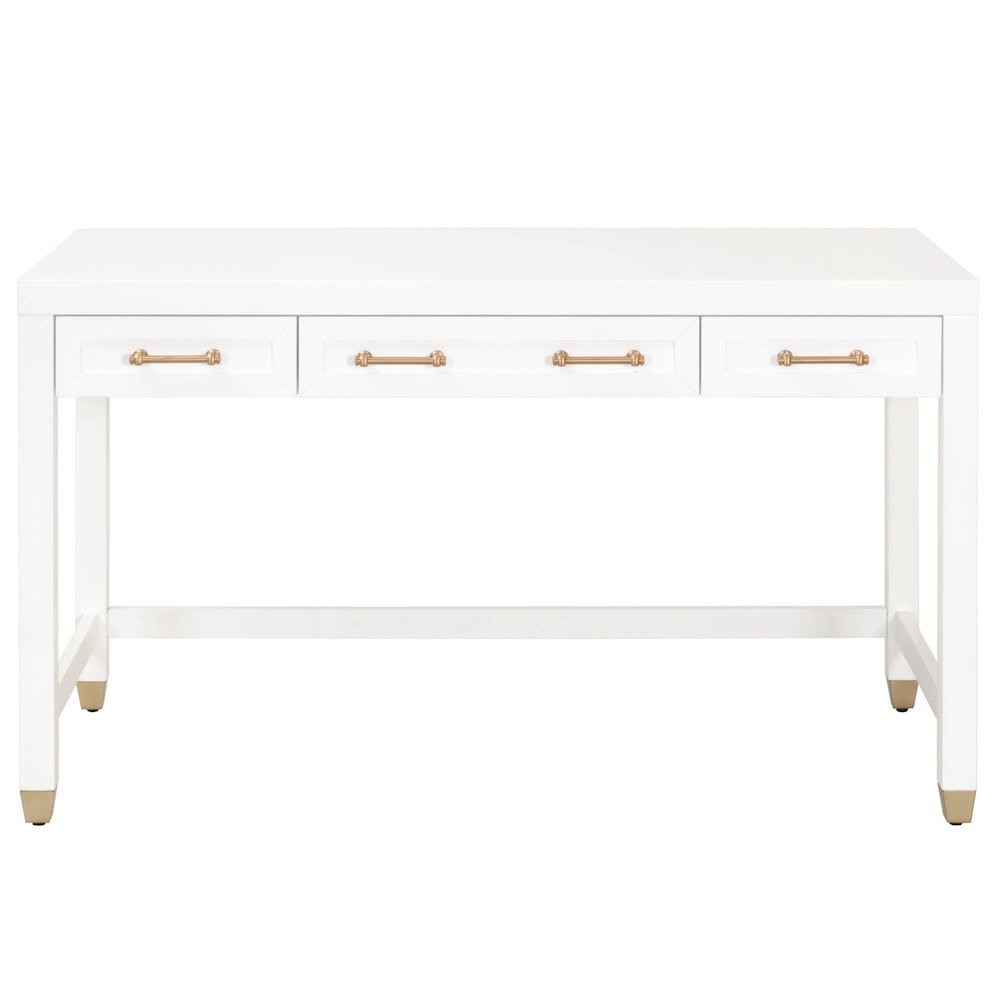 White Storage Desk with 3 Drawers, Brushed Brass Hardware, Metal Glides. Picture 1