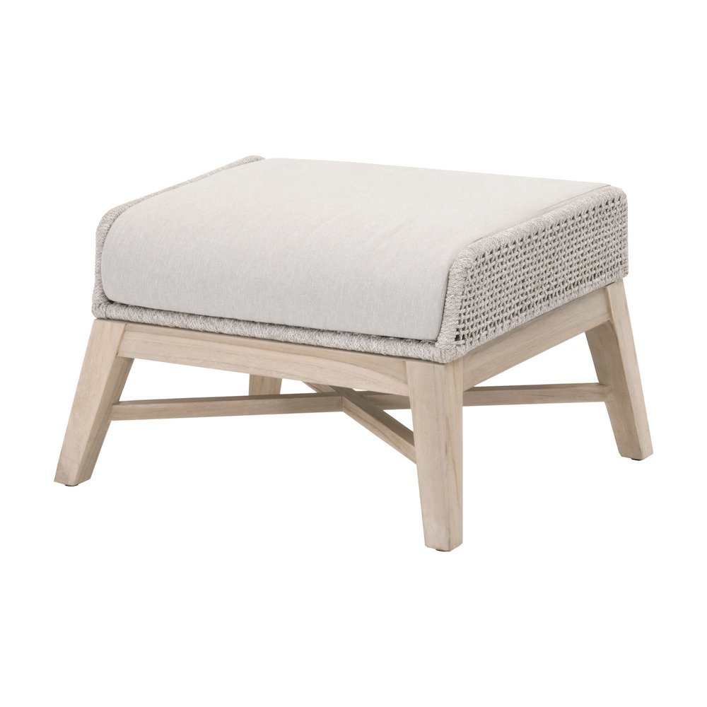 White Outdoor Footstool, Teak Base, Rope Weave, Removable Cushion. Picture 1
