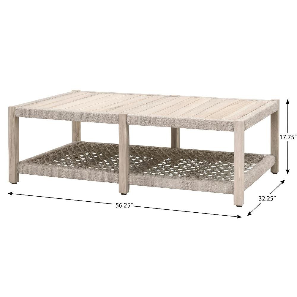 Beige Outdoor Coffee Table with Solid Teak Wood Frame, Polyolefin Rope Top Shelf. Picture 4