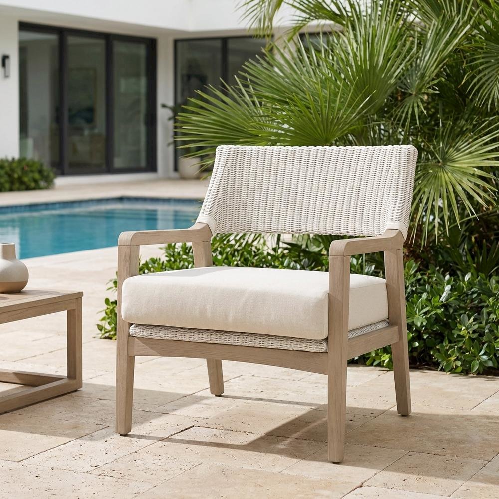 Transitional Outdoor Club Chair with Washed Ever Teak Finish, Performance Fabric. Picture 3